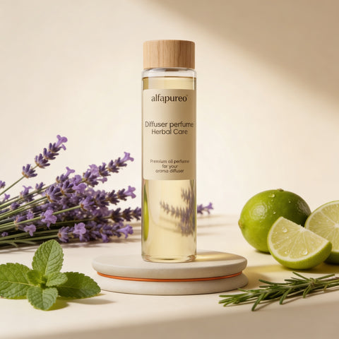 Aroma olej Herbal Care AlfaPureo s dřevěným víčkem na kamenném podstavci, kolem levandule, máta, limetky a rozmarýn