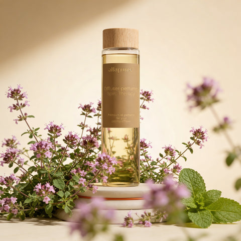 Aroma olej Spiro Therapy AlfaPureo s dřevěným uzávěrem na kamenném podstavci mezi kvetoucími bylinkami a mátou